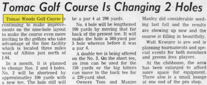 Tomac Woods Golf Course - Apr 21 1967 Article